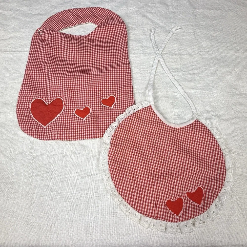Vintage Handmade Red Gingham Baby Bib Lot Hearts Eyelet Lace Snap Tie Primitive